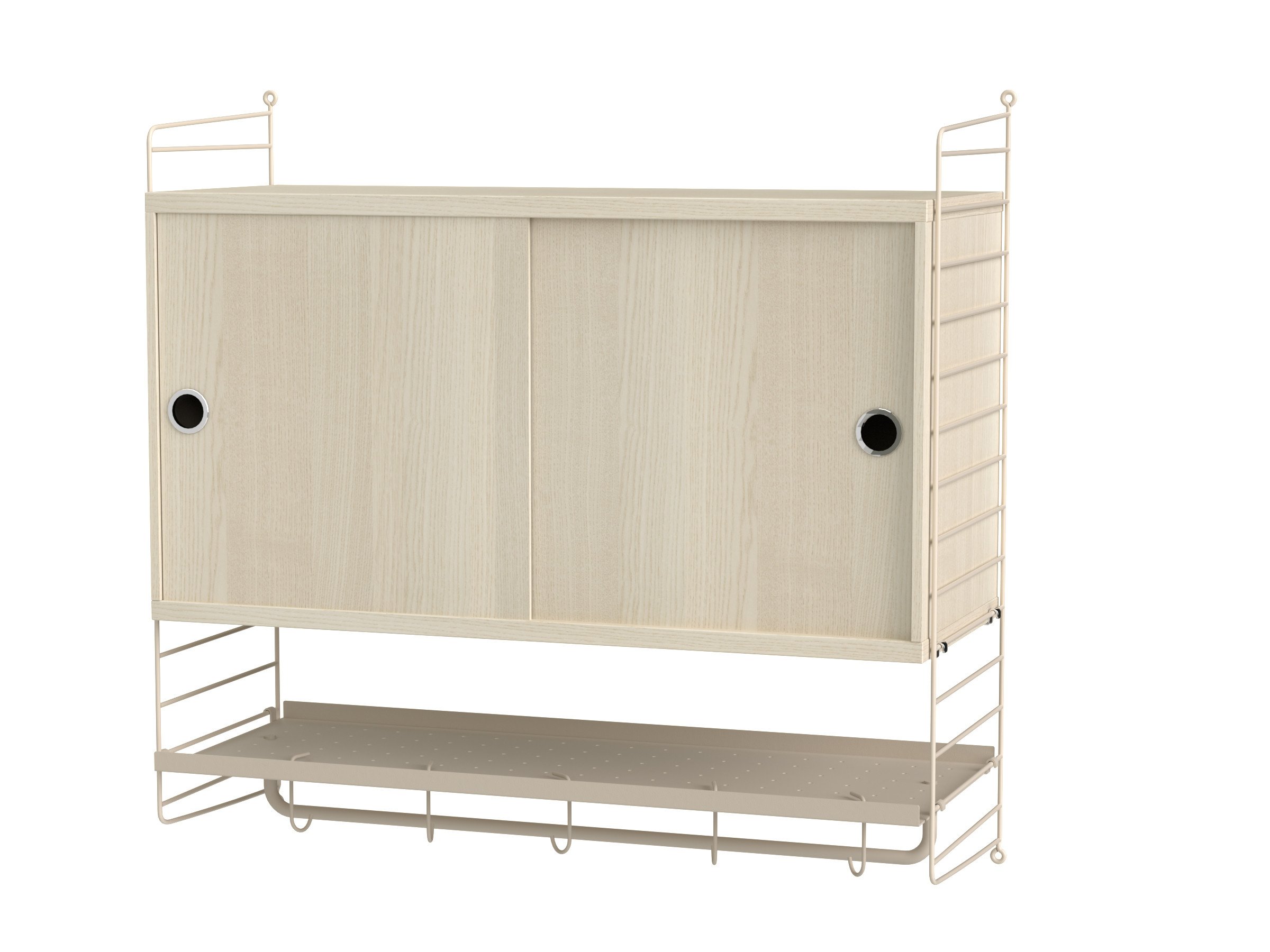 Wall-hung combination perfect to mount in your bedroom. Cabinet with sliding glass doors to keep precious items like jewellery safe but still part of your interior. A metal shelf to place all the items you need easy access to. Maximize your combination and use the rod to hang clothes on and use the hooks to keep your bags in order.