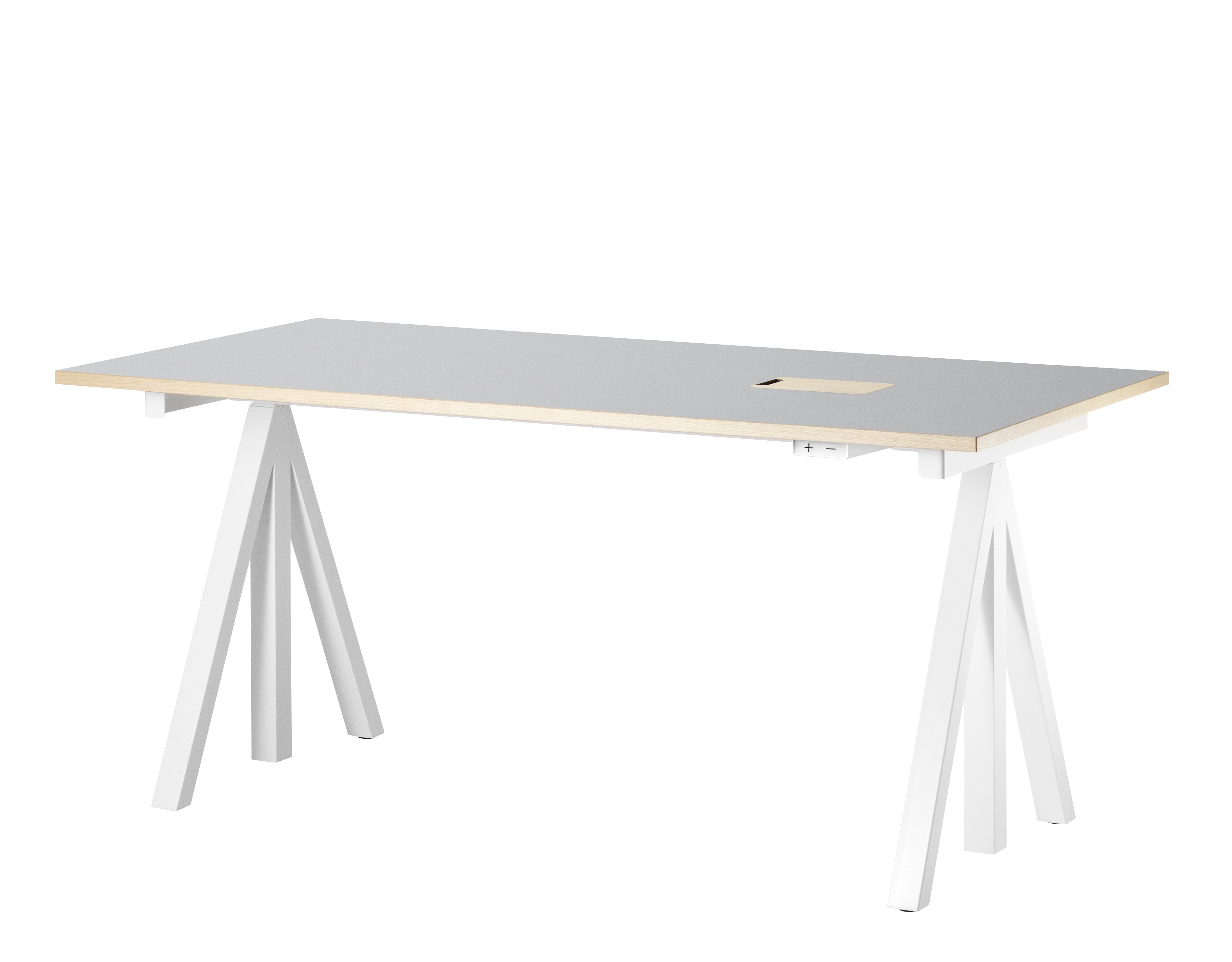 Height-adjustable work desk 160x78 White/Light grey linoleum with edging in ash
