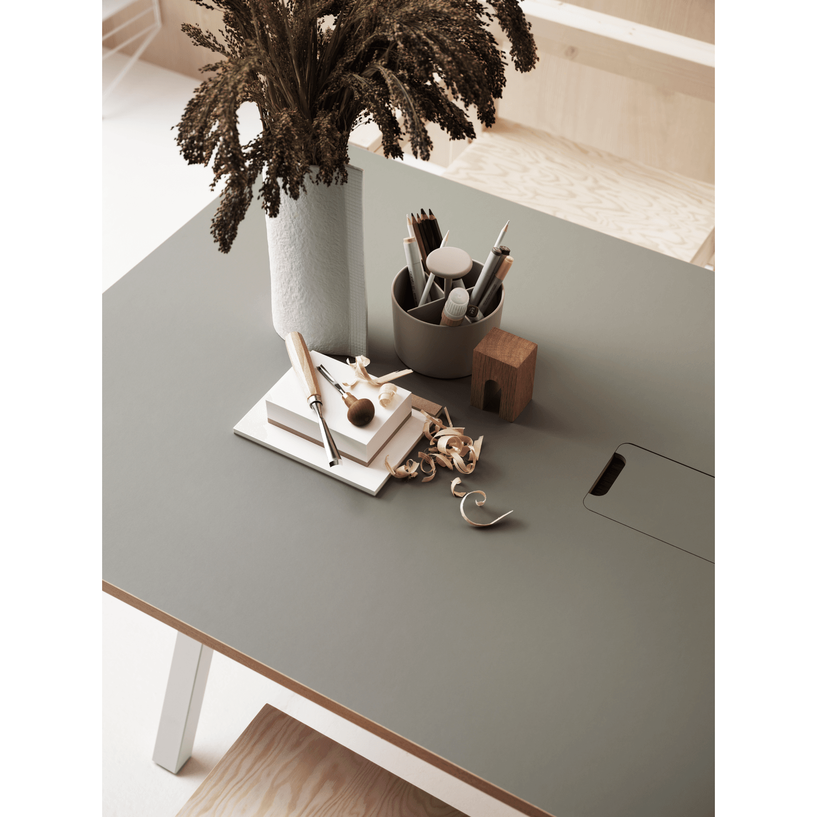 Desktop w160 x d78 cm Light grey linoleum with edging in ash