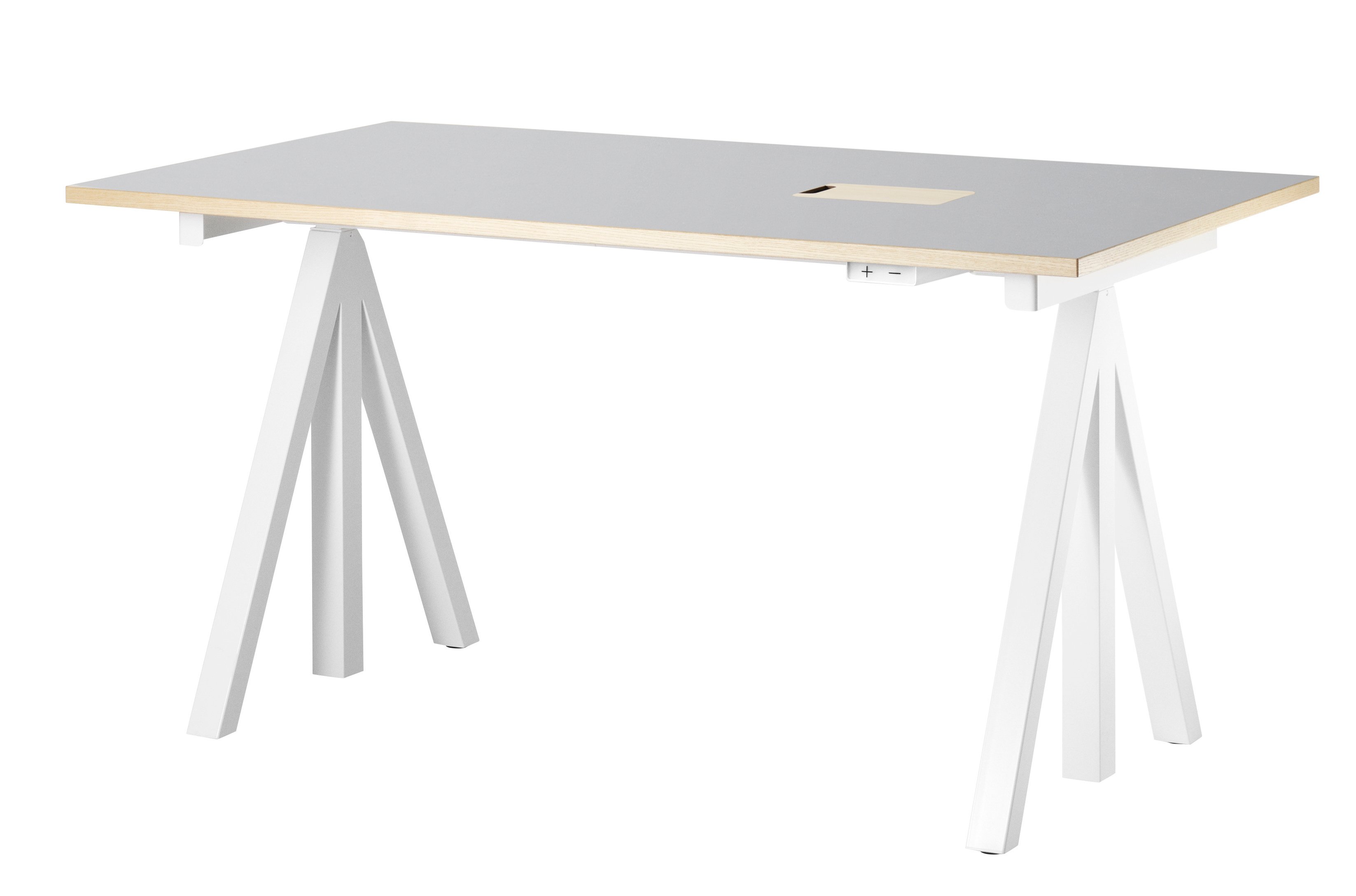 Height-adjustable work desk 140x78 White/Light grey linoleum with edging in ash