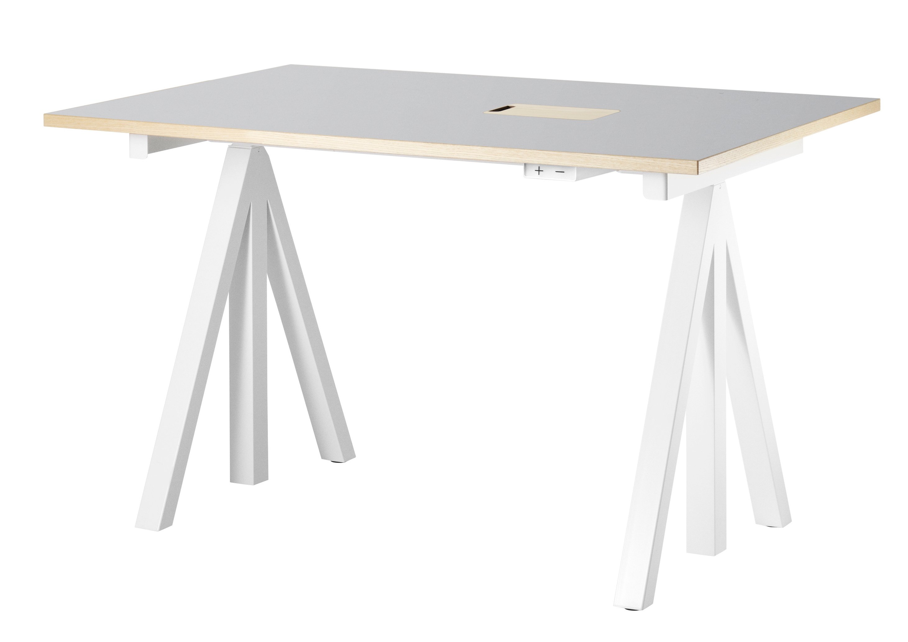 Height-adjustable work desk 120x78 White/Light grey linoleum with edging in ash