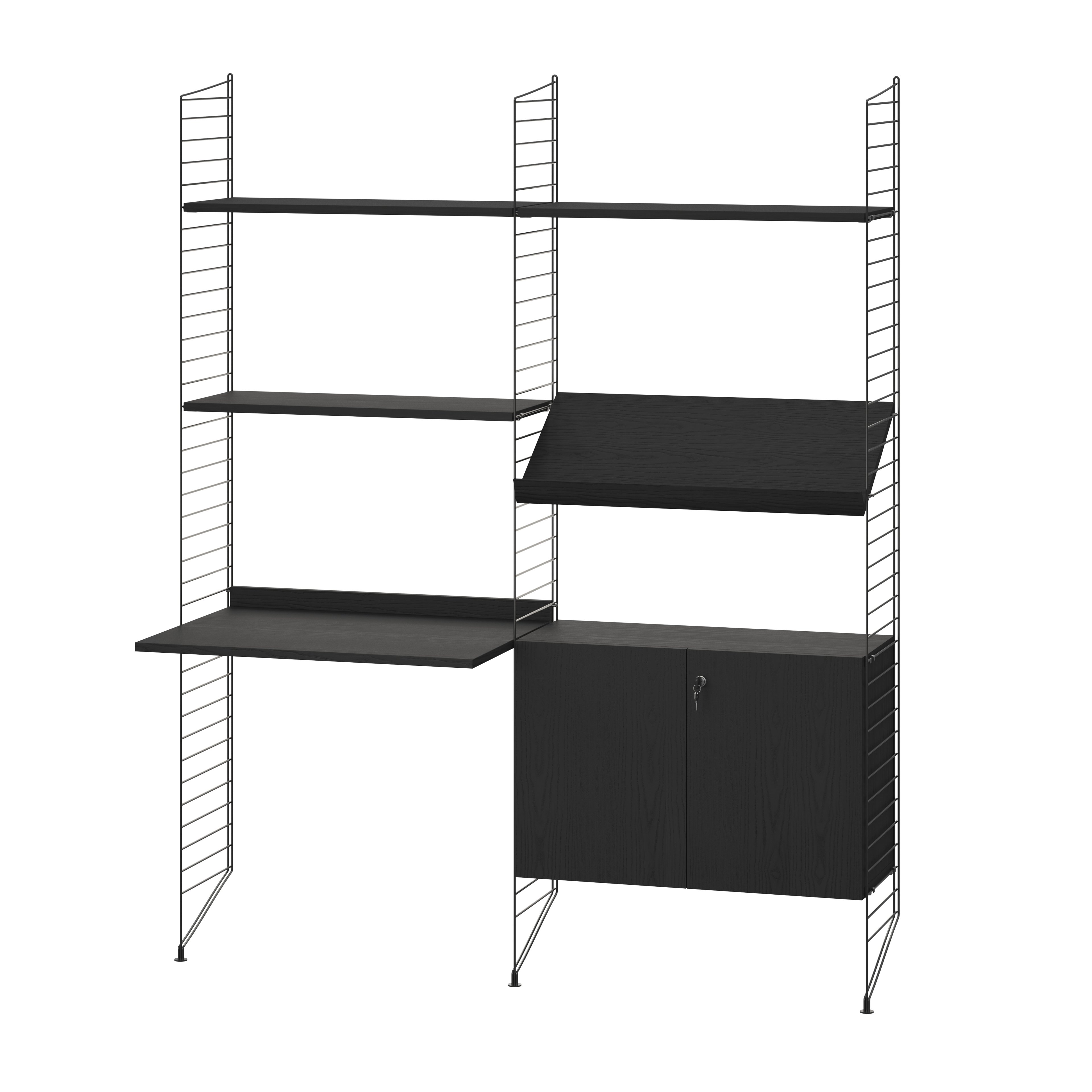Cabinet with lock is available in one width, 78 cm, one depth, 32 cm, and one height, 52 cm. Combine it with floor panels from the String® System to create an optimal solution for your workspace, where you can store all your binders, cables, papers, and similar items. The doors are equipped with push-open fittings, and the right-hand door is lockable (two keys included). The inner dimensions of the cabinet are: w74 x d29 x h47 cm, and it has two inner shelves that can be adjusted to any height.