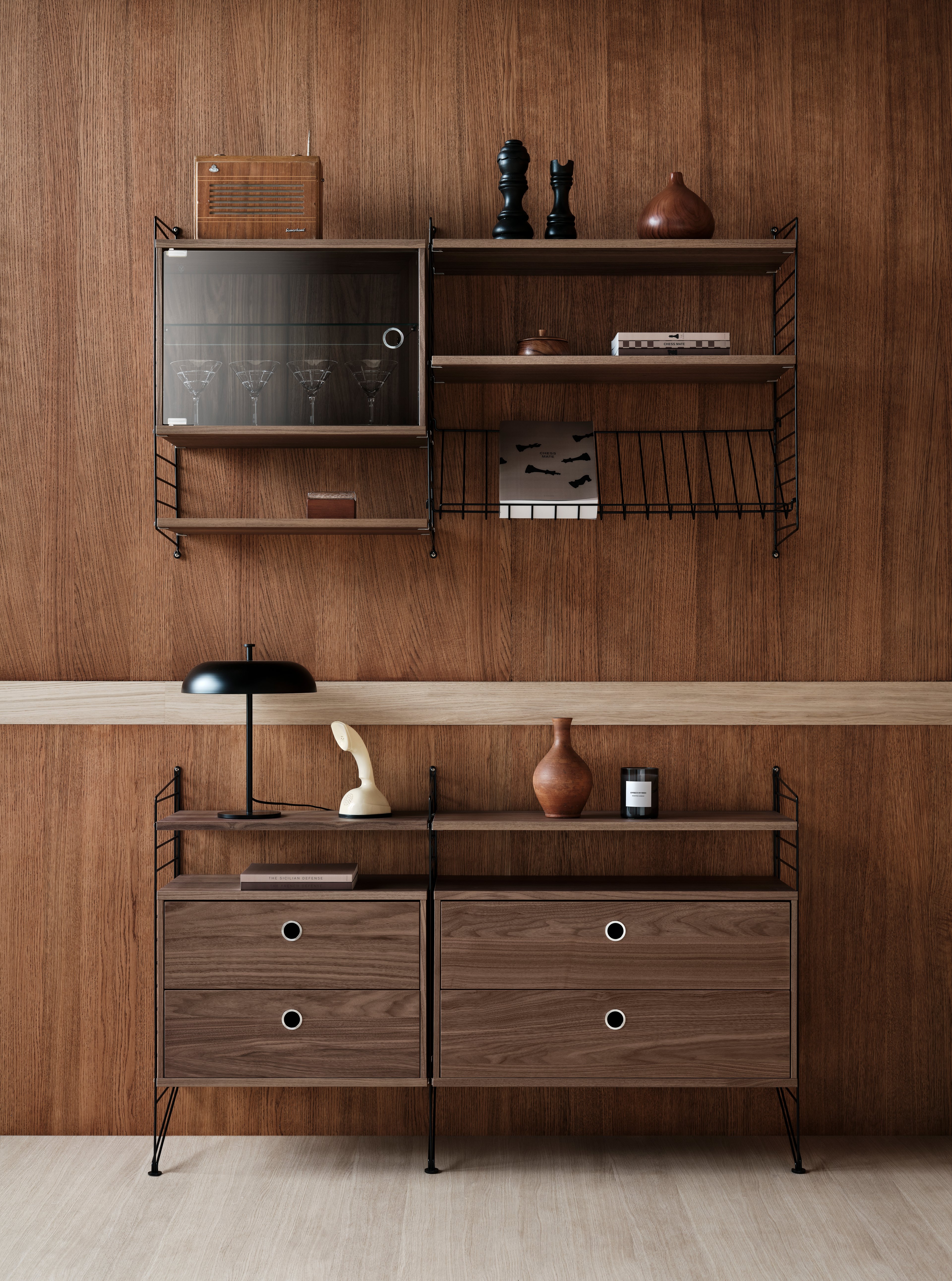 The chests of drawers are available in two widths, 78 and 58 cm, and one depth, 30 cm. The chests of drawers fit into all 30 cm deep wire and plex panels from String® System. They are designed with two drawers to offer hidden storage in your shelving combination. The chests of drawers are a great fit in either the hallway, living room or kids’ room where the need for hidden storage often is big. Chest of drawer w58 x d30 x h42 cm has internal dimensions (for each drawer) depth 23.7 cm, width 51.3 cm and height 16 cm. Chest of drawer w78 x d30 x h42 cm has internal dimensions (for each drawer) depth 23.7 cm, width 71.3 cm and height 16 cm. The chests of drawers are delivered unassembled.