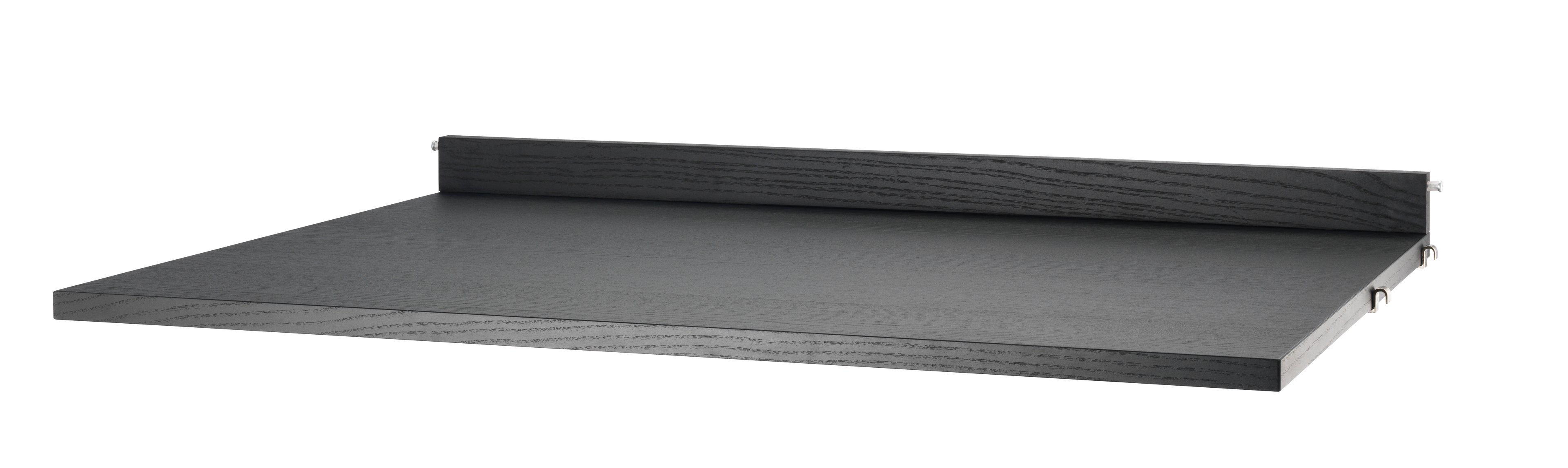 Die Schreibtischplatte ist in der Größe 78 x 58 cm erhältlich und passt zu den Gitterleitern von String® System mit einer Tiefe von 30 cm. Die Schreibtischplatte lässt sich einfach in der gewünschten Höhe montieren und findet im Büro, in der Küche, im Flur oder in jedem anderen Raum Verwendung, in dem Sie einen zusätzlichen Tisch gut gebrauchen können. Machen Sie Ihren Arbeitsplatz komplett, indem Sie eine Schreibtischschublade unter der Schreibtischplatte montieren. Dort haben Stifte, Notizblöcke usw. Platz. Eine Verpackungseinheit enthält eine Schreibtischplatte, eine Leiste für den Abschluss zur Wand zur Stabilisierung und die Halterungen. Sie können zwischen verschiedenen Farben und Holzarten wählen.