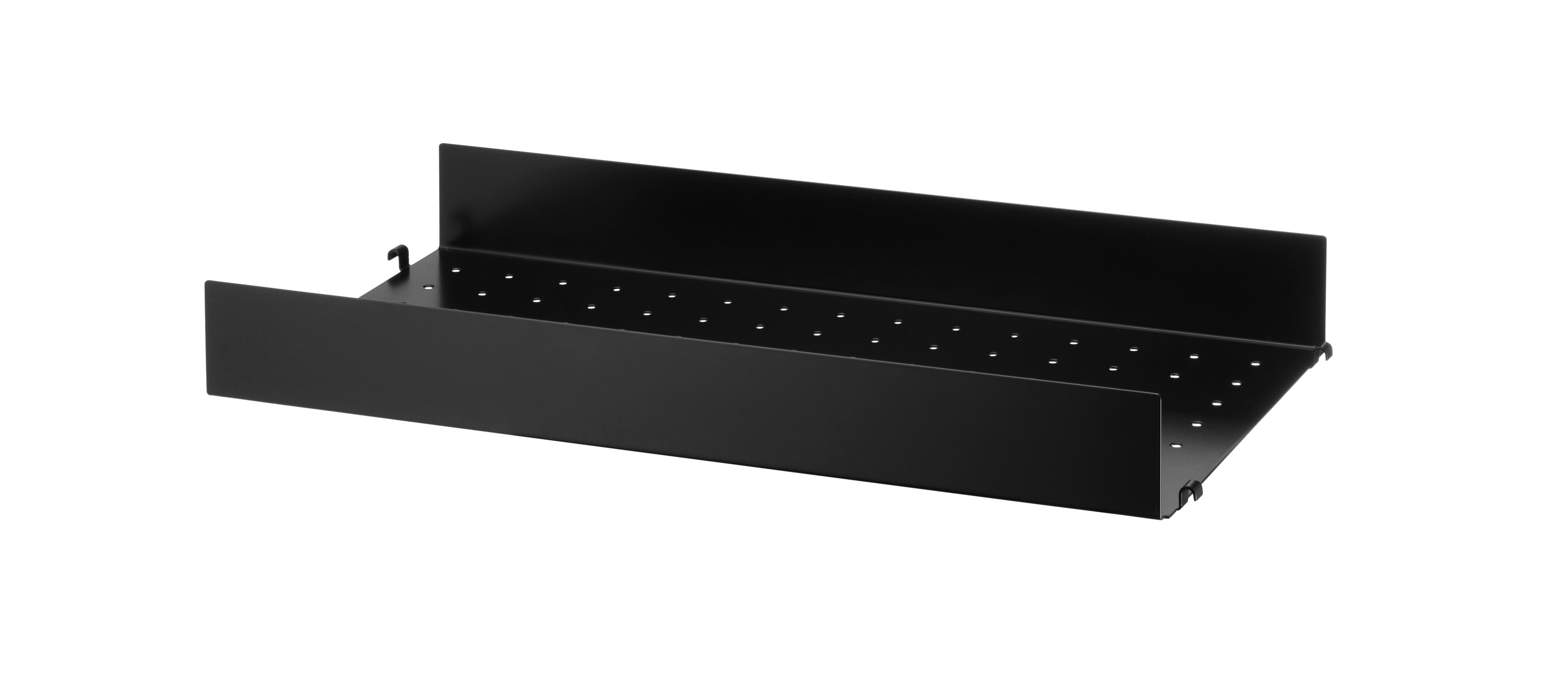 The metal shelves with high edge are available in two widths, 58 and 78 cm, along with two depths, 20 and 30 cm. The shelves are easy to move around and fit into wire and plex panels from String® System if the shelves and panels have the same depth. The 7 cm high edge creates character and valuable storage space. The perforated shelves are the optimal base to be creative with our accessories. Add hooks, rods, or hanger racks to design your own unique shelf. Each packaging contains one metal shelf.