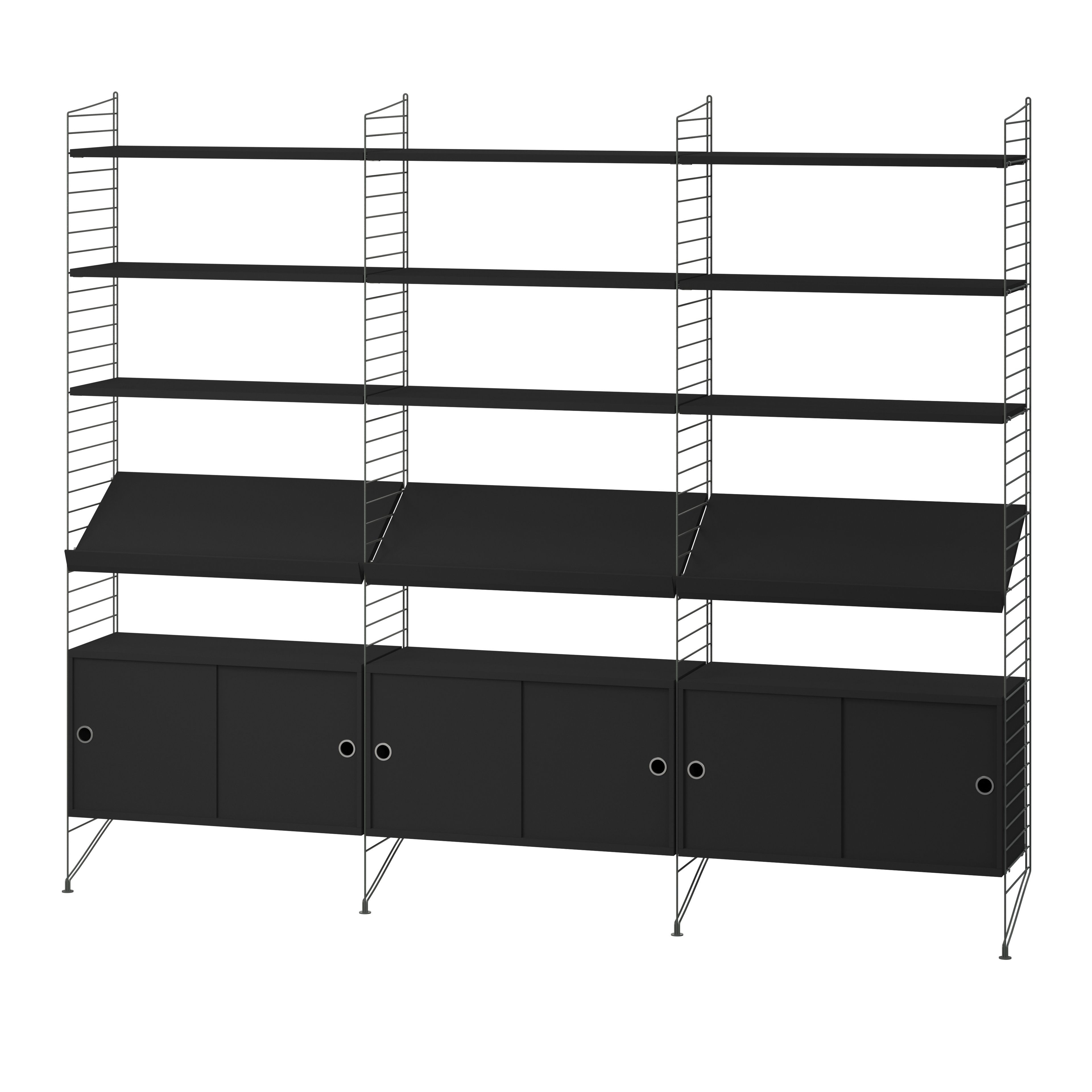 The cabinets with sliding doors are available in one width, 78 cm, along with two depths, 20 and 30 cm. The cabinets fit into all wire and plex panels from String® System. It is visually pleasing to add a bolder element to your shelf, like a cabinet, which also give you a lot of extra storage. The cabinet consists of one divider placed in the middle along with two adjustable inner shelves. The cabinet’s inner dimensions are 4 cm less than the outer dimensions. The cabinets are delivered unassembled.