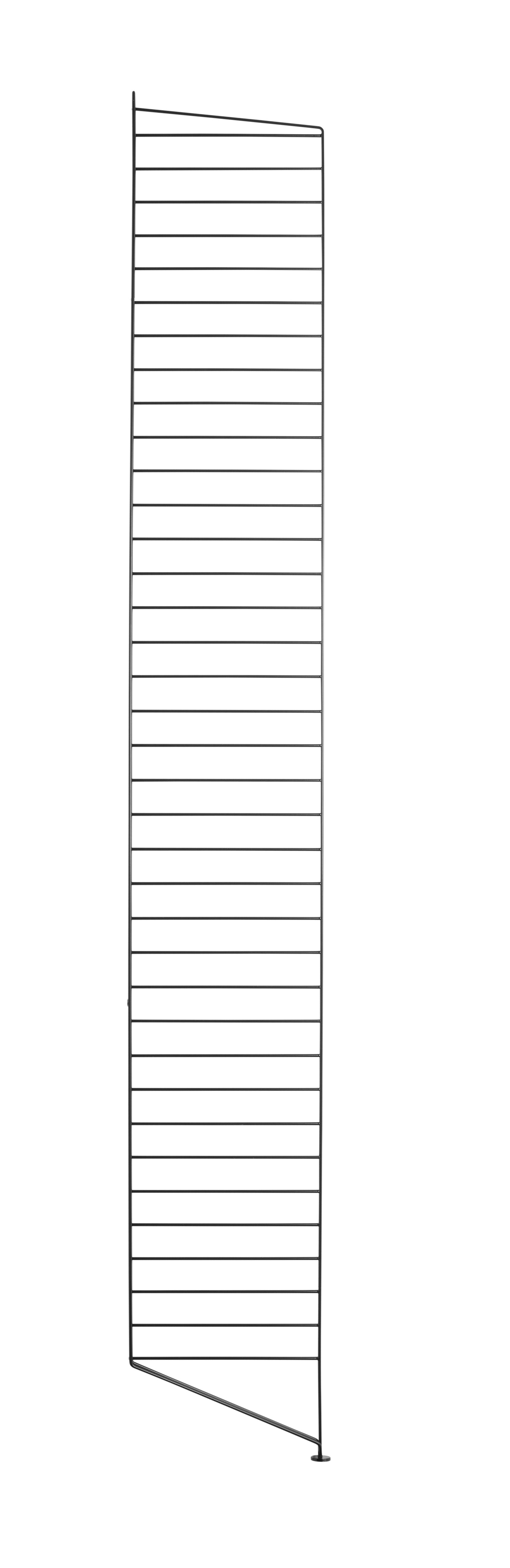 The floor panels are available in three heights, 85 cm, 115 cm, 200 cm along with one depth, 30 cm. The panels are the base when building your string shelf. When the panels are decided you can start adding products with 30 cm depth from String® System. Choose among shelves, cabinets, drawers, magazine shelves and more. The foot of the floor panel rests against the floor which makes the shelf stable while appearing light and airy. Make your shelf even more functional and unique by adding organizers, knife holder or a magazine holder, which all are placed on the panel’s threads. The panels come in two different packaging’s, either with one floor panel or two floor panels.