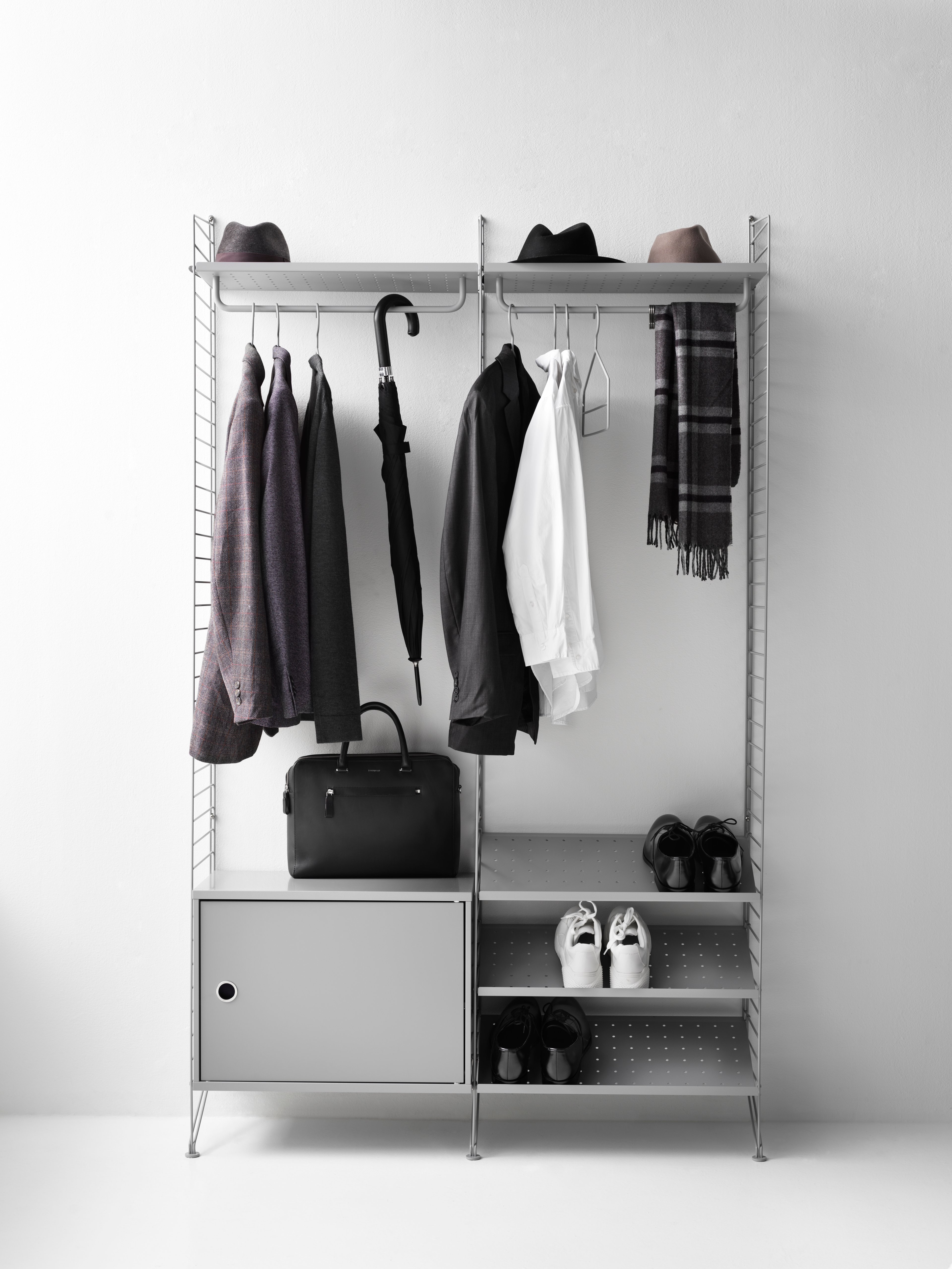 String shelf optimal for your hallway. Floor panels, metal shelves with low edge, shoe shelves, cabinet with swing door, rods, and hooks. This hallway shelving combination will take care of all your outerwear, bags, and shoes.