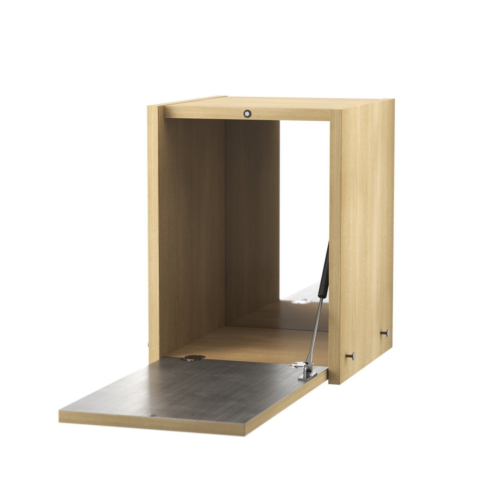 Das kleine Schrankelement ist in einer Größe mit den folgenden Abmessungen erhältlich: B 28 x T 30 x H 38 cm. Das Schrankelement passt zu allen Regalleitern aus Metallgitter von String® System mit einer Tiefe von 30 cm. Das Schrankelement muss entweder auf ein Holzregal oder auf einen unserer Schränke gestellt und an einer der Regalleitern befestigt werden. Die Innenseite der Klappe ist mit einer Platte aus gebürstetem Edelstahl verkleidet. Die innere Rückwand des Schrankelements ist mit einer Spiegelplatte verkleidet. Das Schrankelement wird zerlegt geliefert.