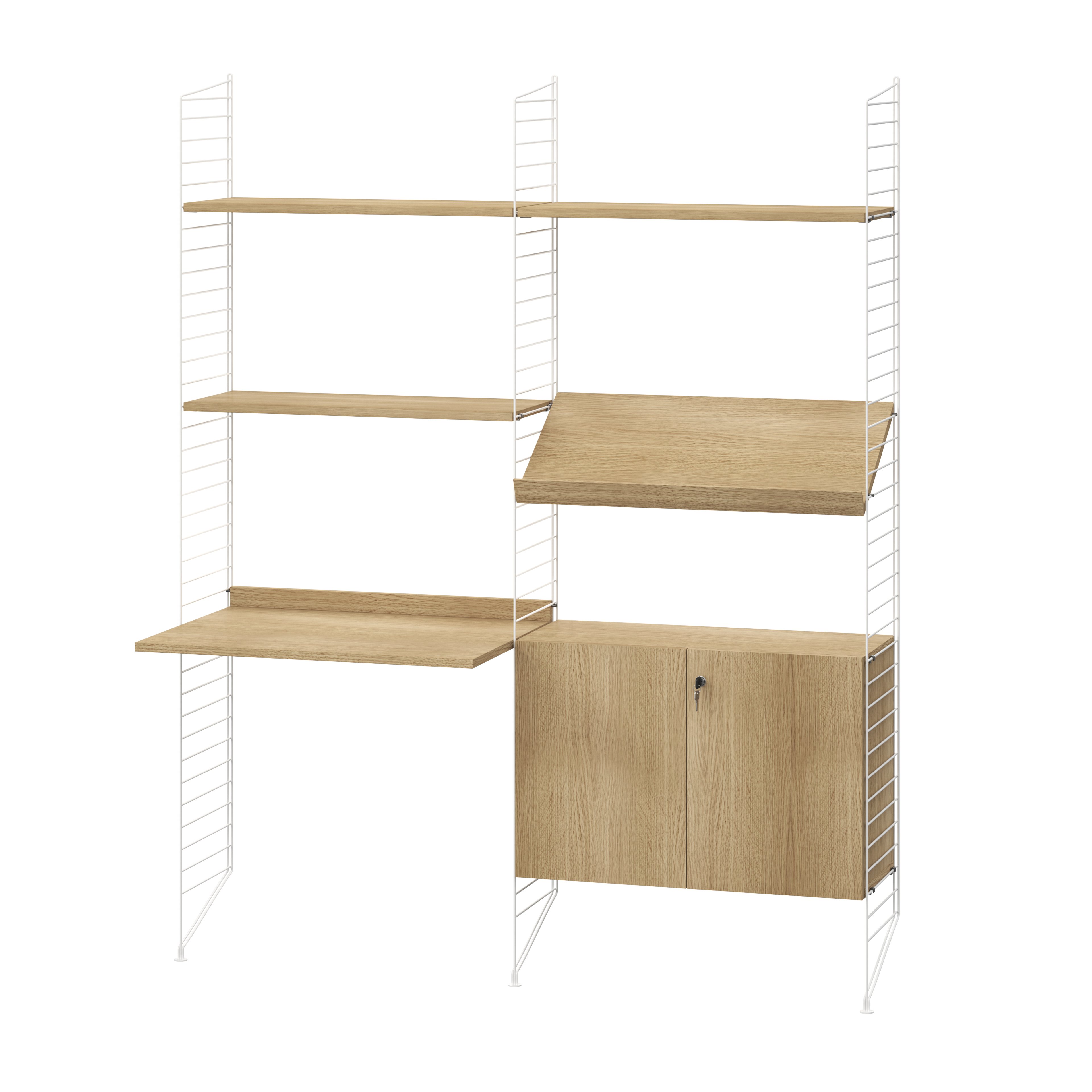 Cabinet with lock is available in one width, 78 cm, one depth, 32 cm, and one height, 52 cm. Combine it with floor panels from the String® System to create an optimal solution for your workspace, where you can store all your binders, cables, papers, and similar items. The doors are equipped with push-open fittings, and the right-hand door is lockable (two keys included). The inner dimensions of the cabinet are: w74 x d29 x h47 cm, and it has two inner shelves that can be adjusted to any height.