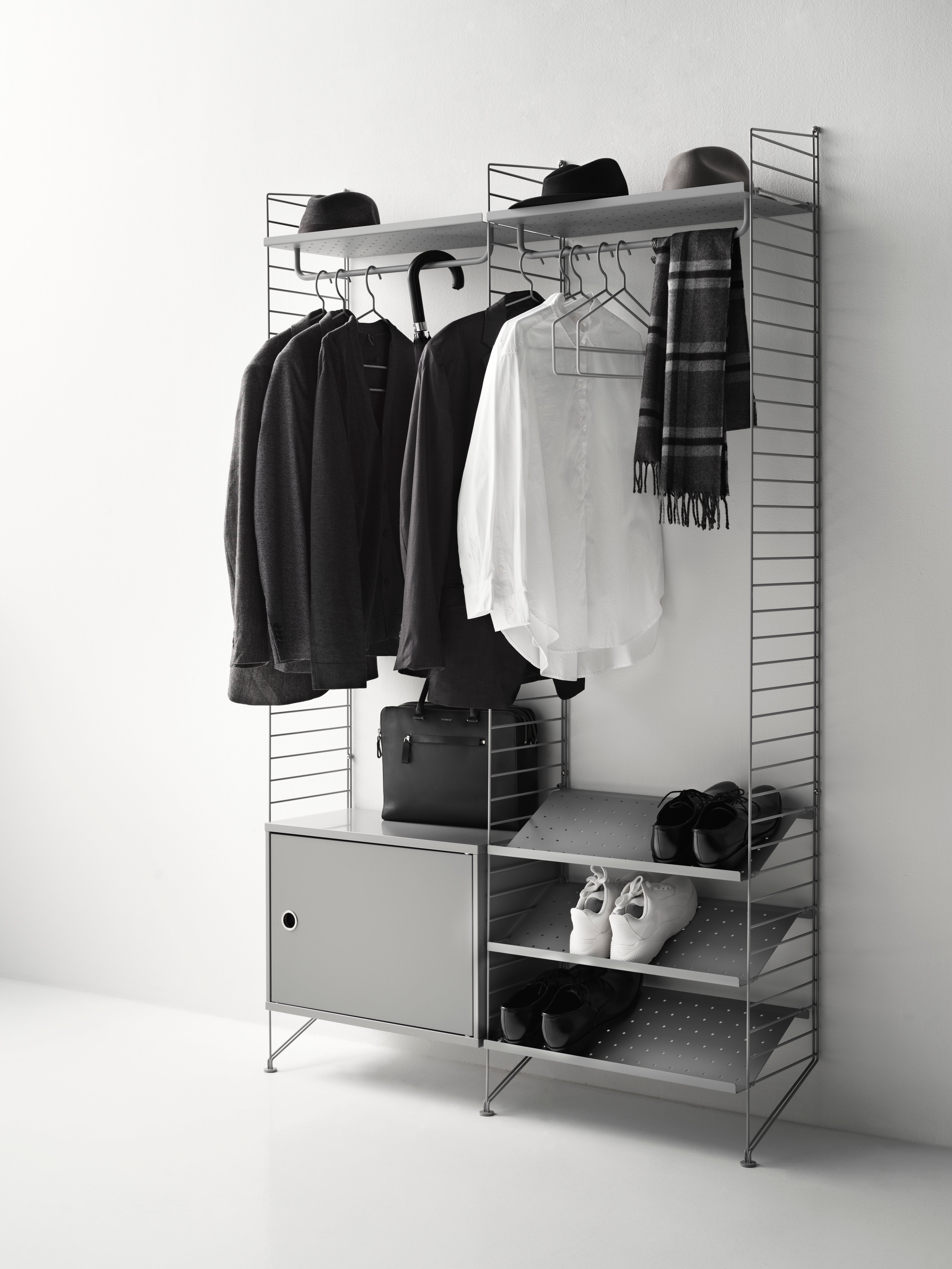 A neat floor mounted hallway combination. The upper part will take care of your outerwear, scarves, hats, and gloves while the lower part will make sure there are no shoes on the floor.