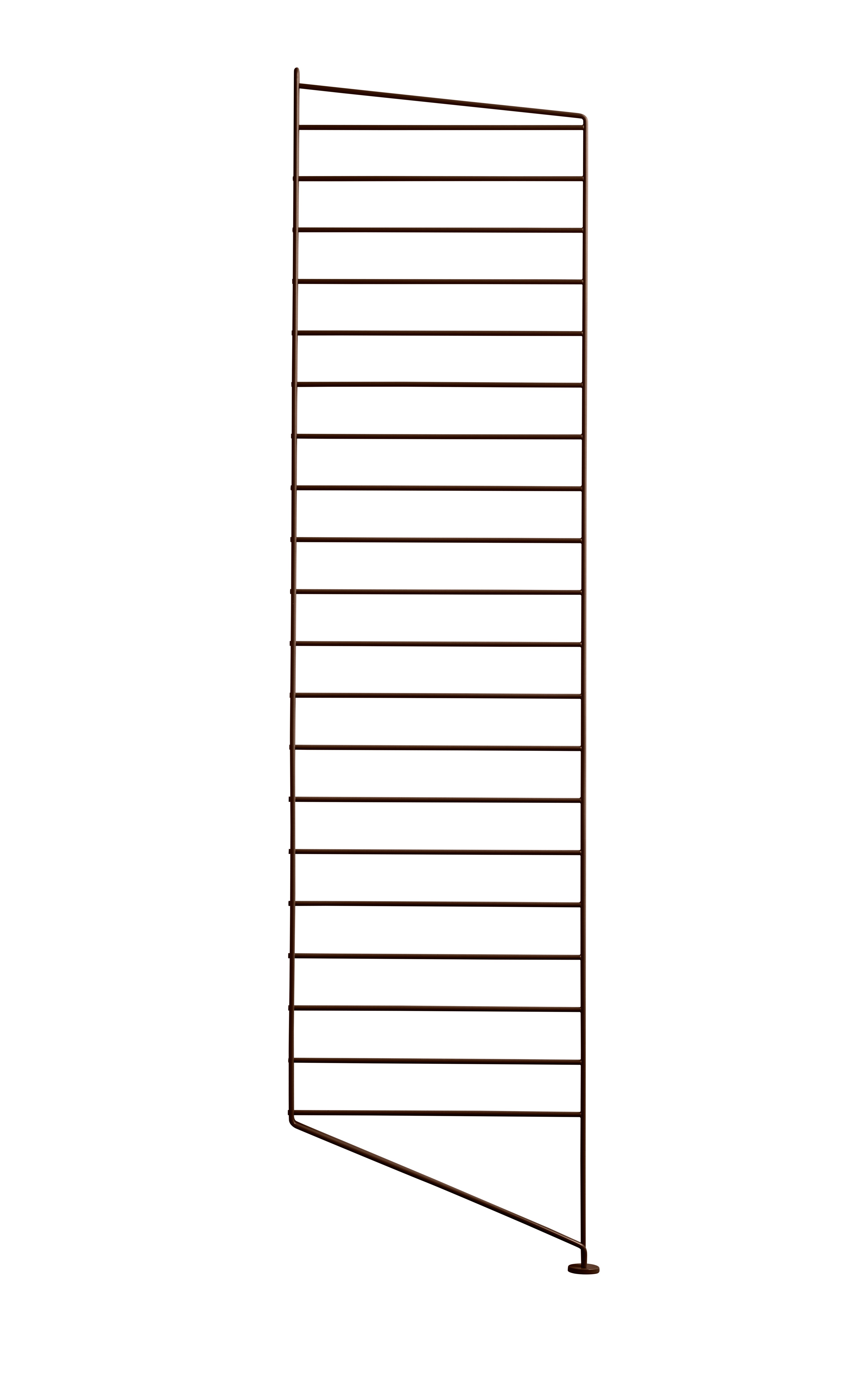 The floor panels are available in three heights, 85 cm, 115 cm, 200 cm along with one depth, 30 cm. The panels are the base when building your string shelf. When the panels are decided you can start adding products with 30 cm depth from String® System. Choose among shelves, cabinets, drawers, magazine shelves and more. The foot of the floor panel rests against the floor which makes the shelf stable while appearing light and airy. Make your shelf even more functional and unique by adding organizers, knife holder or a magazine holder, which all are placed on the panel’s threads. The panels come in two different packaging’s, either with one floor panel or two floor panels.